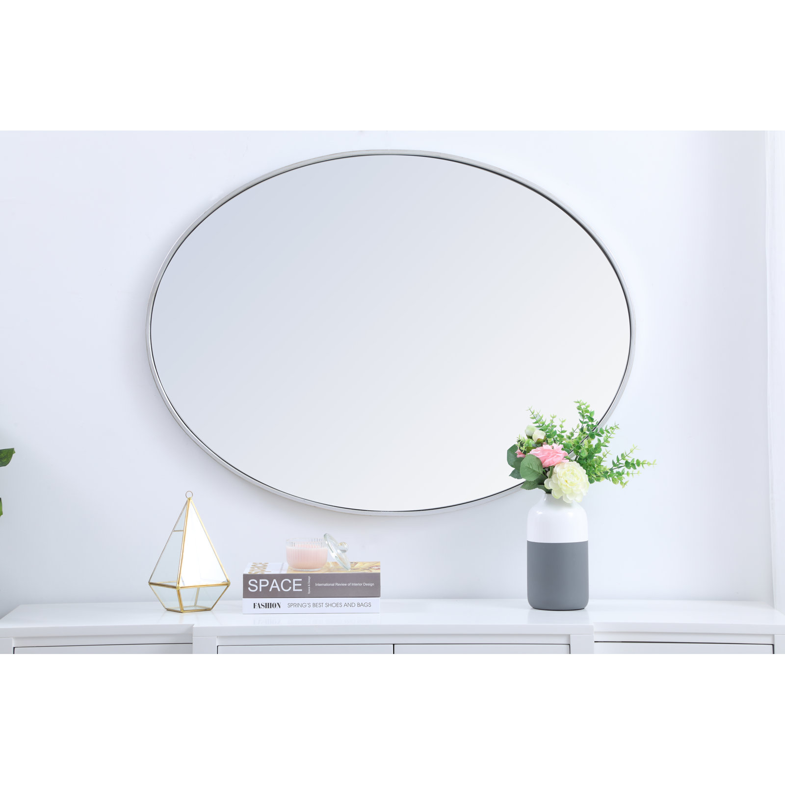 Sabine Metal Oval Wall Mirror, Silver, 30" x 40"