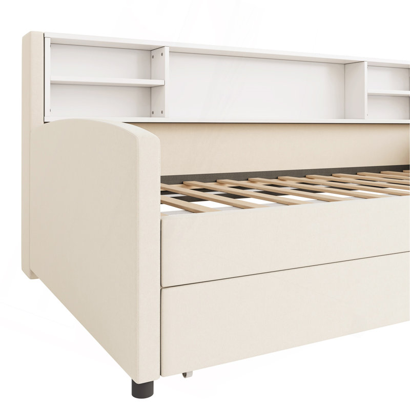 Lit plateforme simple tapissier avec rangement et tiroirs, Beige
