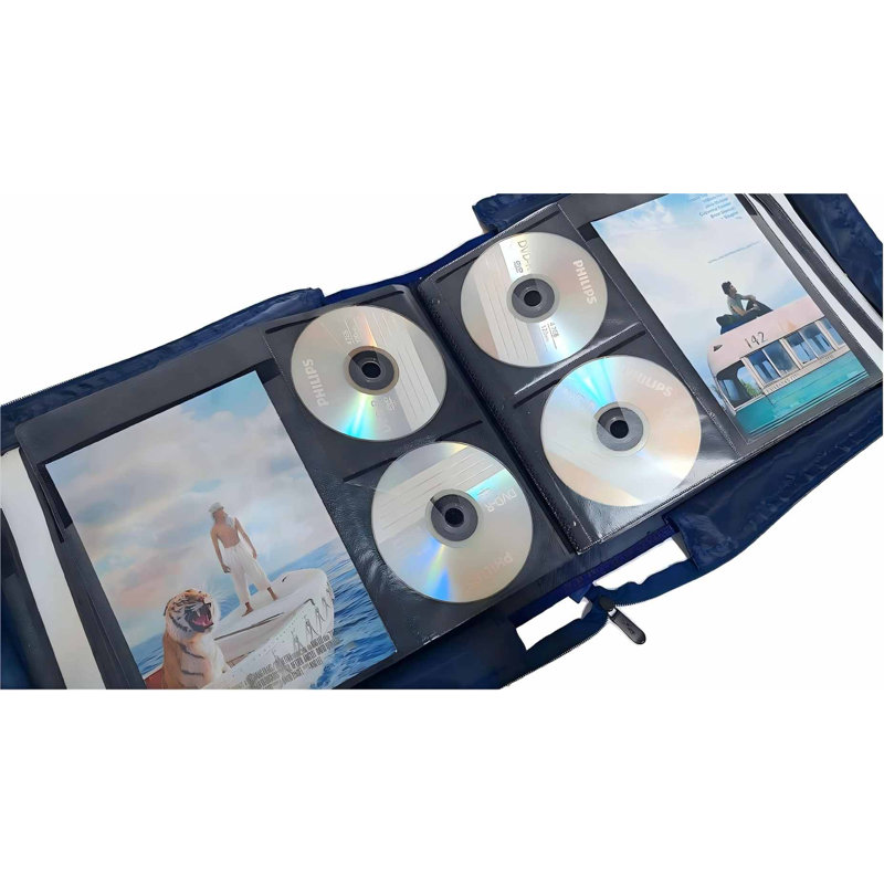 Étui de rangement pour DVD et CD avec pages de titre extra larges pour films Blu-ray, musique et disques audio (classeur de transport portable, album, organisateur de maison) - Bleu, 192 emplacements pour disques, 96 pochettes pour livrets