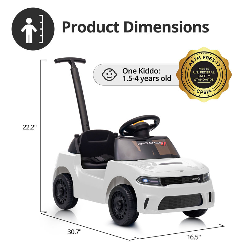 Voiture à pousser Dodge SRT sous licence pour tout-petits, jouet à pousser avec poignée réglable en hauteur (3 positions), pour les enfants de 1 à 3 ans, blanche
