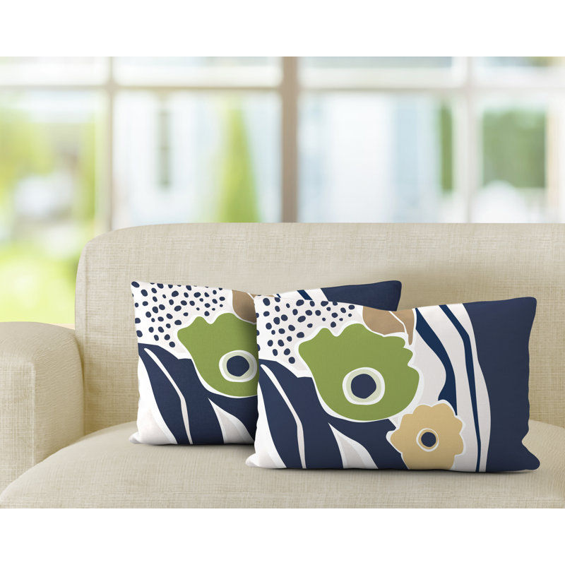 Floral Outdoor Reversible Throw Pillow, Green/Navy Blue/Beige