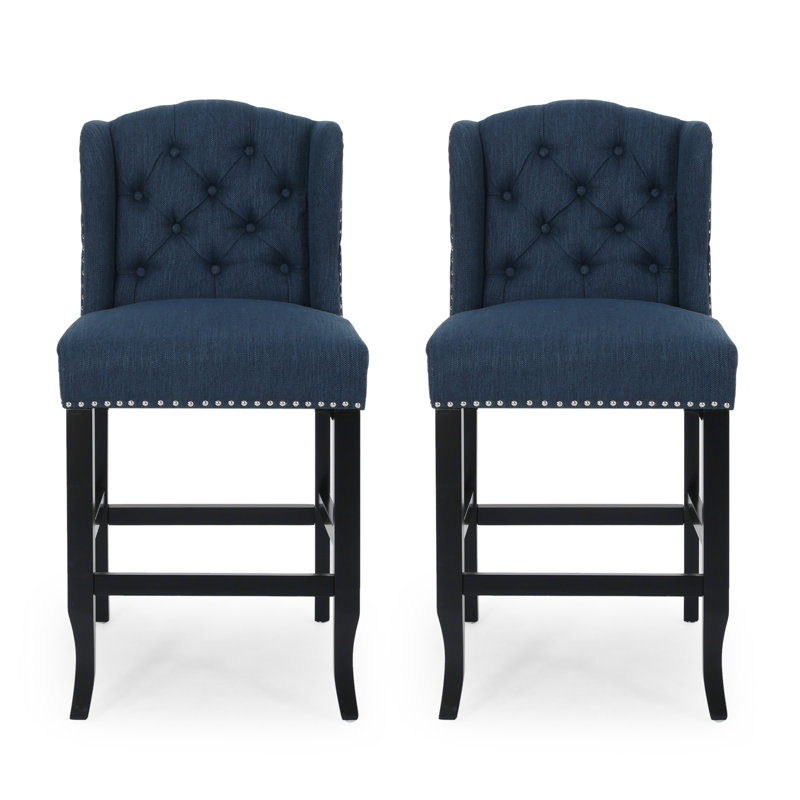 Vienna Contemporary Fabric Tufted Wingback 27 Inch Counter Stools, Set of 2, Navy Blue