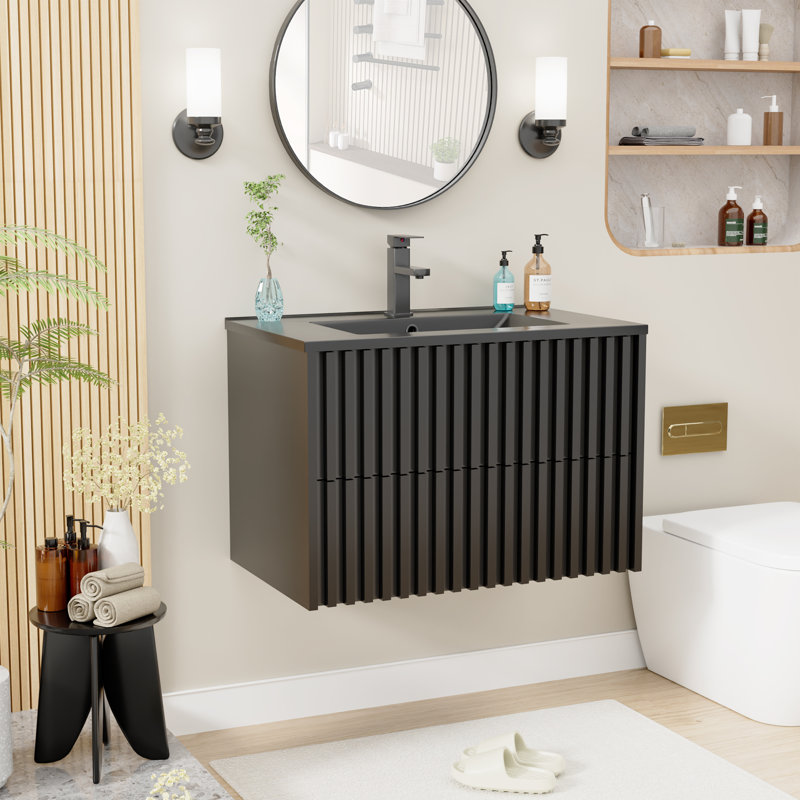 Ensemble de meuble-lavabo mural 30 po avec comptoir d'évier, robinet et bonde, armoire flottante, Noir