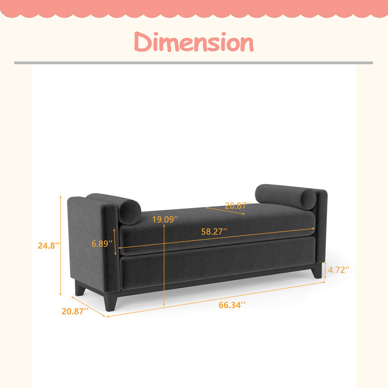 66.34 Inches Sherpa Fleece Upholstered Bench / Daybed / Ottoman With Solid Wood Legs And Bolster Pillows, Black, Black