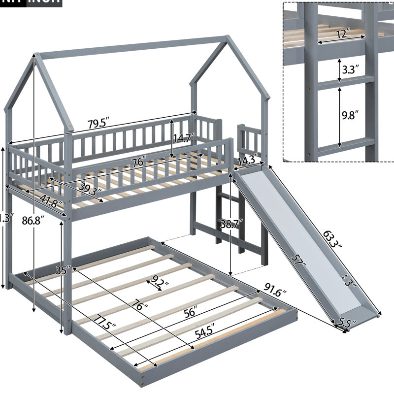 Gray Twin Over Full Bunk Bed With Slide & , Strong Construction, Full Guardrail, Made From Quality Pine And , No Box Spring For A Good Rest Gray, Comfortable Sleeping