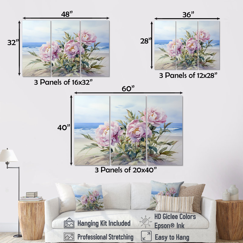Mauve sérénité pivoines sur la plage - ensemble d'art mural sur toile pivoines, Toile tendue, H 32 po x l 48 po x P 1 po