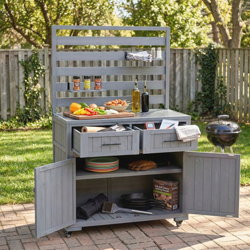 Grand chariot de cuisine en bois massif avec îlot de cuisine et table de préparation pour barbecue, Gray