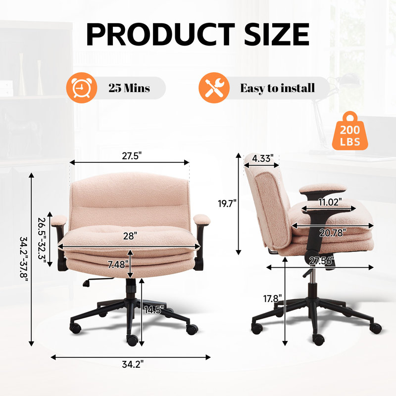 28"W Wide Office Chair with 7.2" Thick Seat, Flip-Up Arms, Adjustable Height & Tilt, Pink