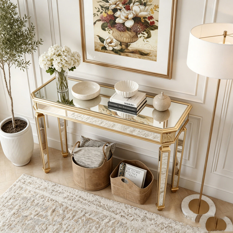 Console dorée à miroir avec sculpture sur bois rétro, Gold,Silver