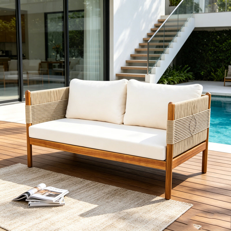 Outdoor Acacia Wood Loveseat Sofa, Beige,Cream,Teak