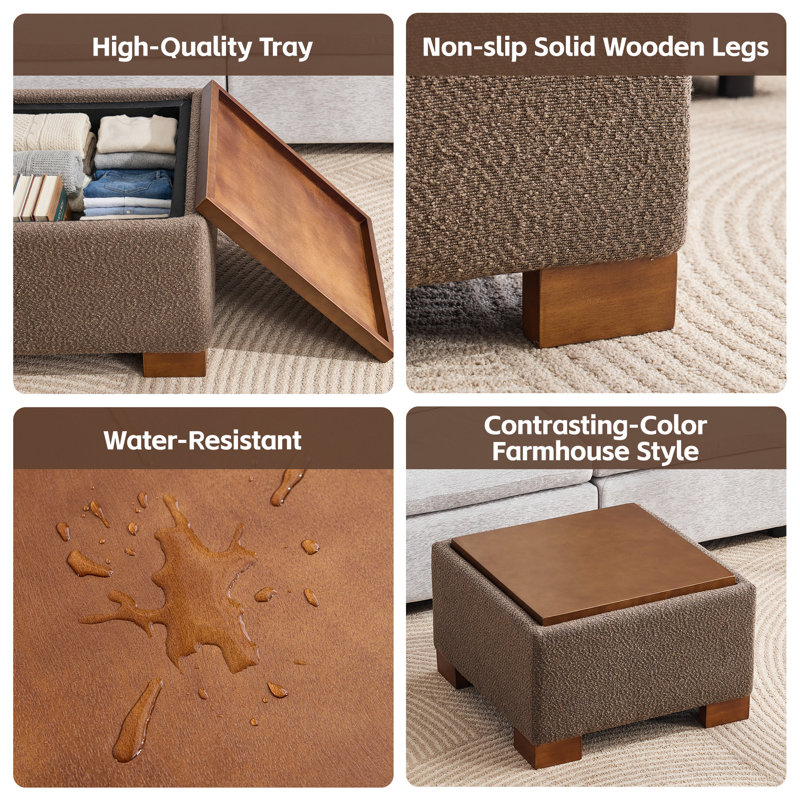 Repose-pieds de rangement carré 23,2 po avec plateau en bois, H 15,4 po x l 23,2 po x P 23,2 po, Bouclette brune
