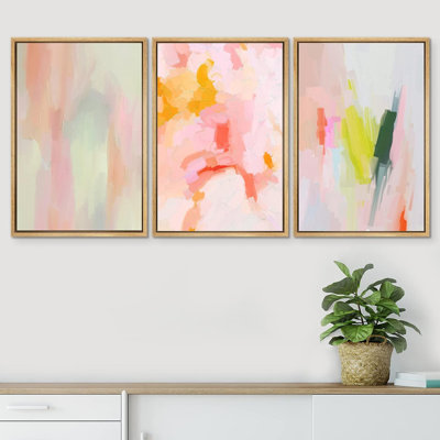 «Vibrant Pastel Watercolor Paint Stroke Shapes Abstract Abstracts», reproduction d'art encadrée sur toile, 3 pièces