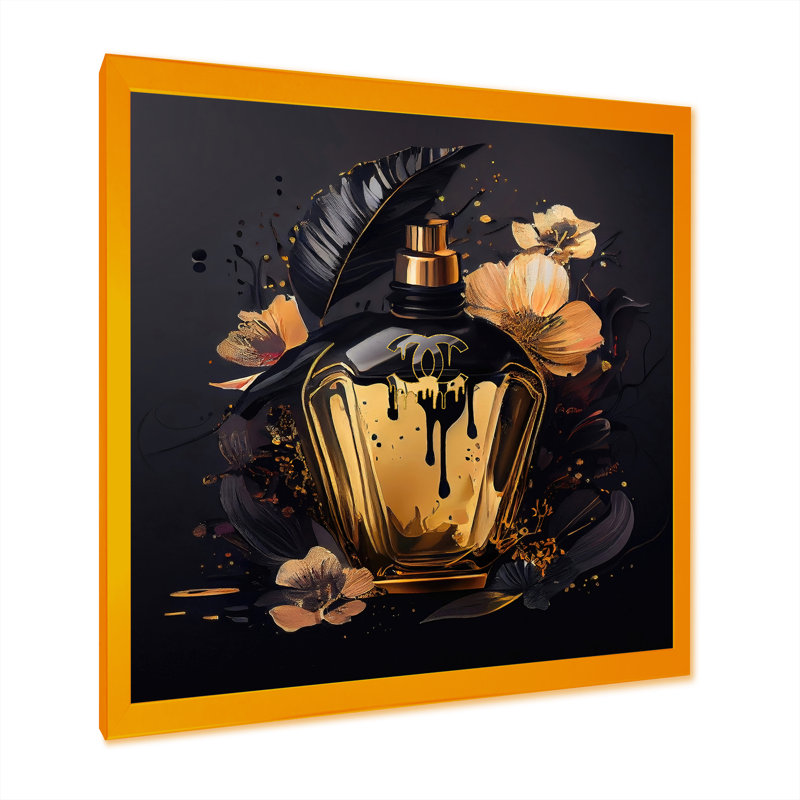 «Chic Black and Gold Perfume Bottle IX», impression sur toile, H 30 po x l 30 po x P 1 po