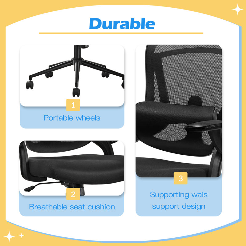 High Back Desk Chair with Adjustable Lumbar Support & Headrest,Comfortable Mesh Computer Chair with Soft Flip Up Arms, Black