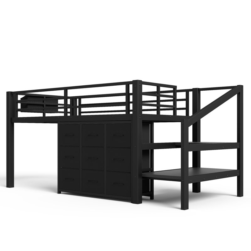 Lit simple mezzanine bas, finition noire, multicolore, lumières et cadre pour chambre à coucher moderne, lit en métal noir avec structure solide intégrée