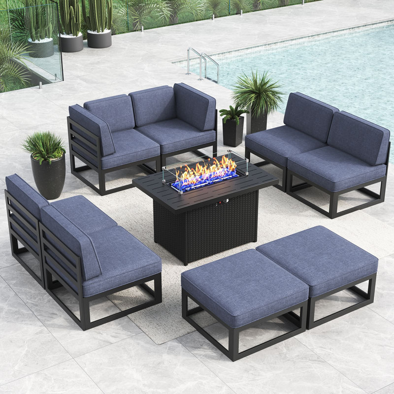 9 - Piece Outdoor Modular Sectional Set with Fire Table, Navy Blue