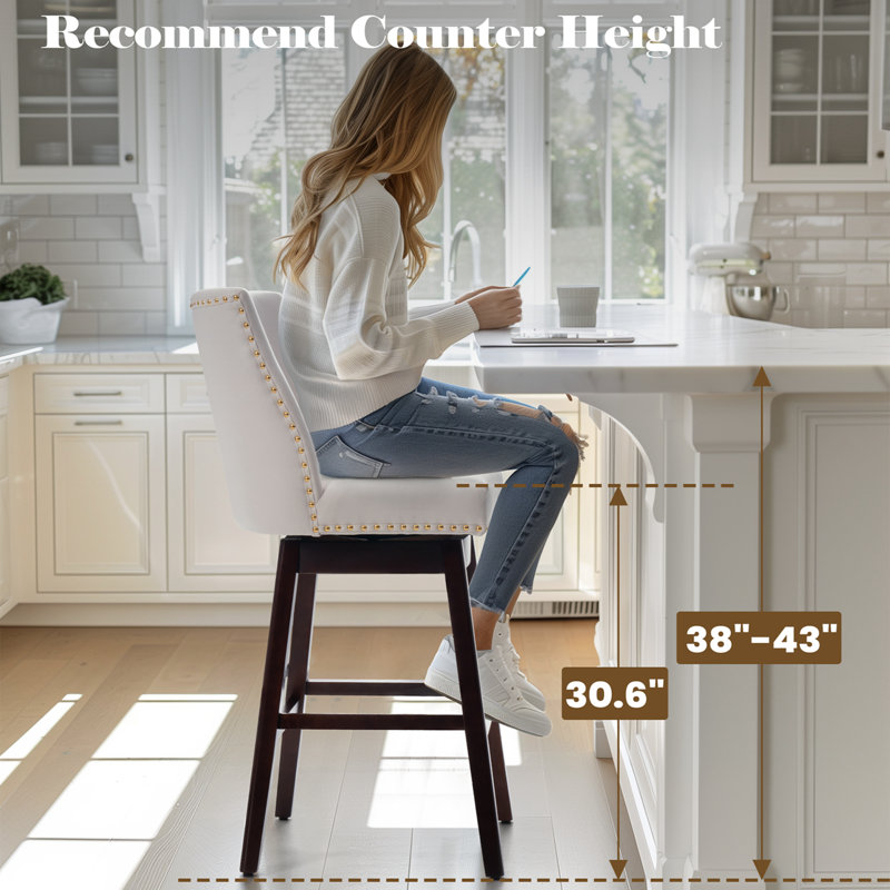 Eriqa Swivel 30.6'' Bar Stool, White, White Faux Leather
