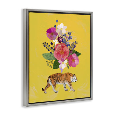 Ensemble de tigres roses sur cadre flottant jaune, design par Mia Charro
