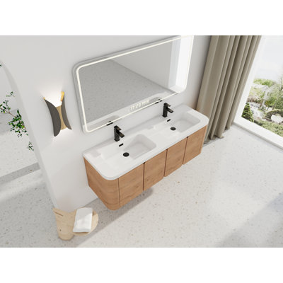 Meuble-lavabo mural peu encombrant avec finition imitation chêne et lavabo en résine