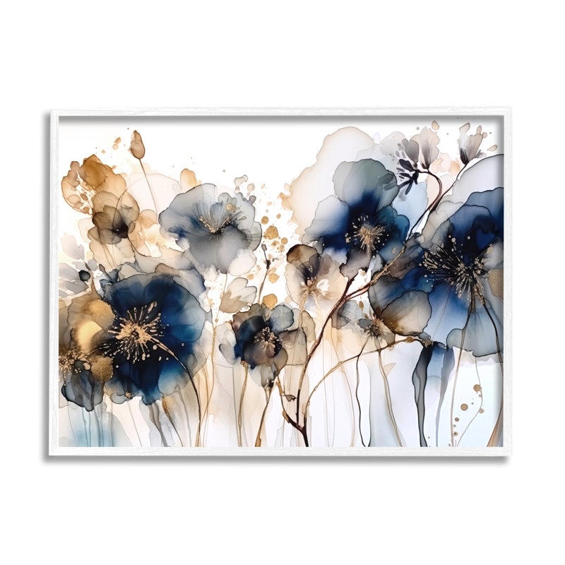 Navy and Gold Abstract Floral Canvas Print with White Frame