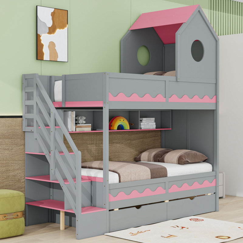 Lit superposé simple au-dessus de simple avec éclairage à DEL et tablettes de rangement cachées, Gris
