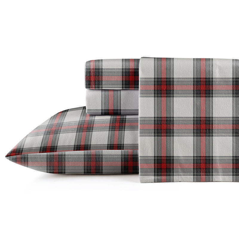 Flannel Plaid Sheet Set, Full Sheet Set + Fitted Sheet + 2 Pillowcases, Red, Off White Manchester