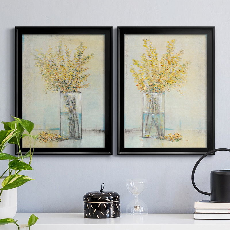 «Yellow Spray In Vase I», ensemble de 2 peintures sur toile encadrées, H 42,5 po x l 30,5 po x P 1 po, Noir