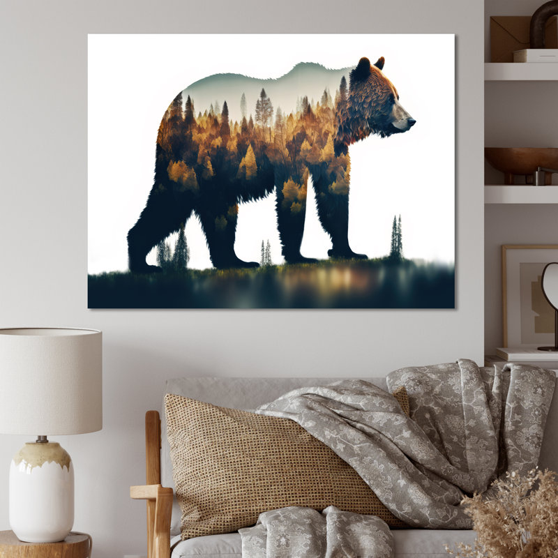 Double exposition d'un ours avec forêt V - impression sans cadre sur métal, H 30 po x l 40 po x P 1 po