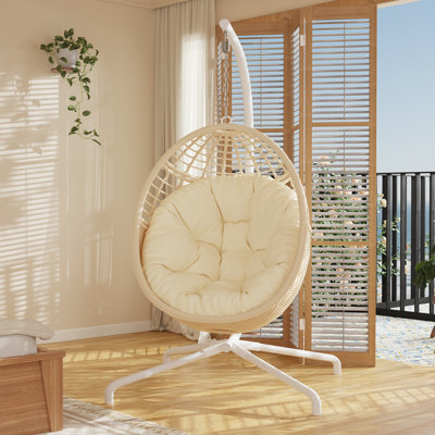 Hanging Egg Chair With Stand Indoor Outdoor, Comfy Patio Rattan Swing Hammock Chairs With Cushion, 350lbs Capacity Egg Shaped Chair For Lawn Backyard Balcony Bedroom, Birthday Gift, Beige