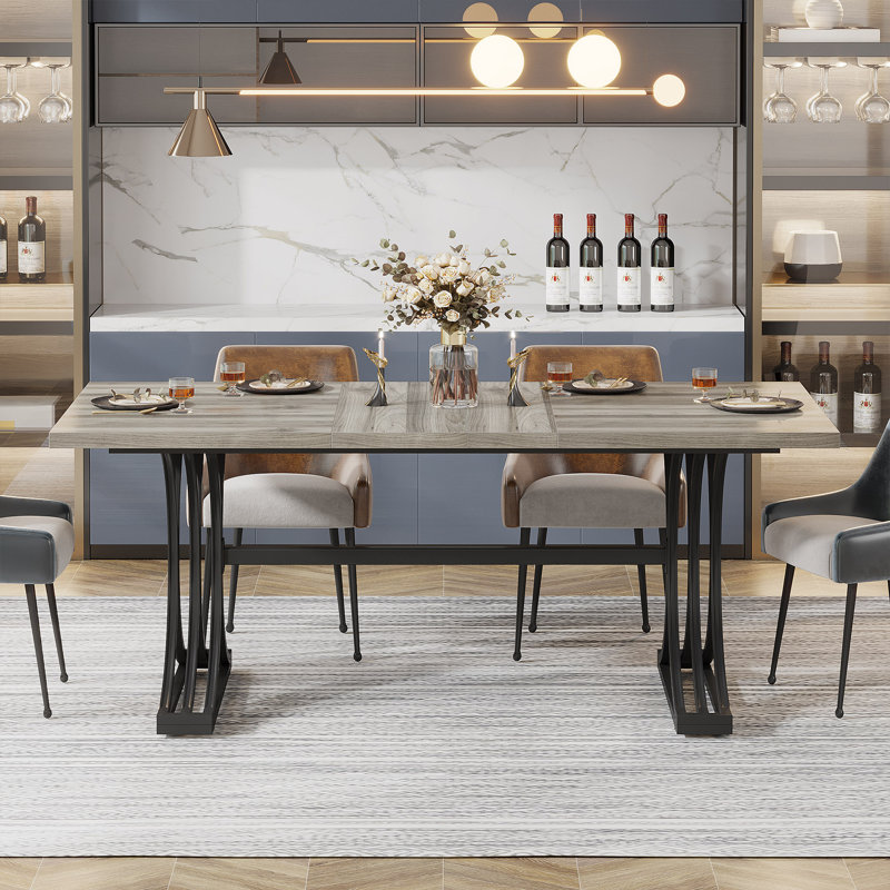 Dining Table, Rectangular, Metal Base, 63 Inch, Gray, Black