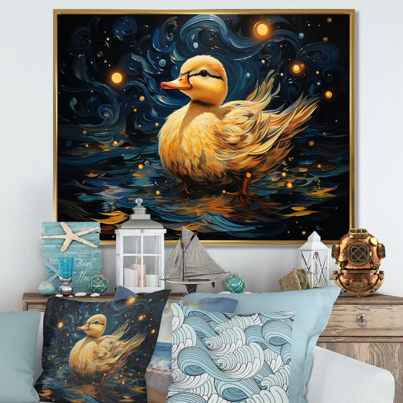 «Yellow Duck Starry Night Wonders», art mural animal canard, Cadre flottant doré, H 30 po x l 40 po x P 1,5 po