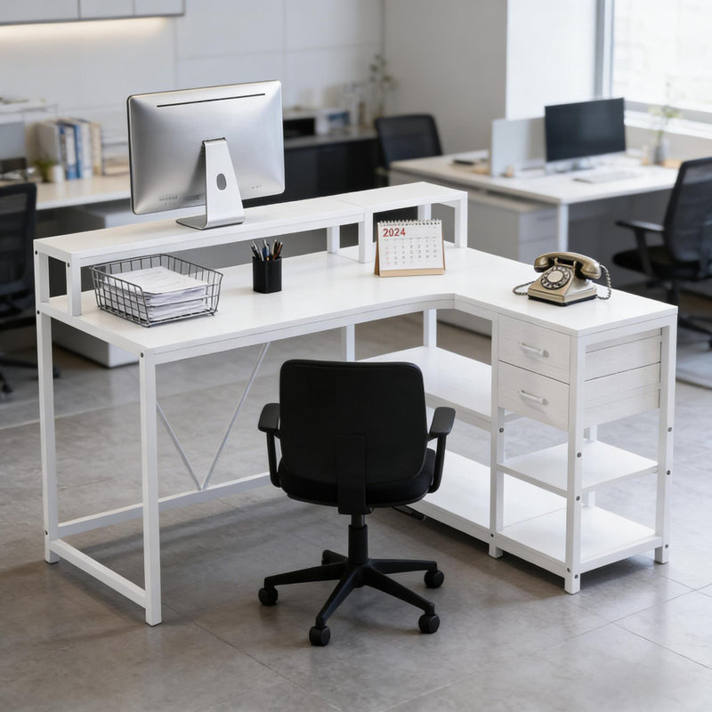 Bureau, bureau en L, bureau d'ordinateur réversible, Blanc