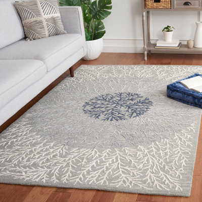 Soho Hand Tufted Wool/Cotton/Viscose Floral Rug in Ivory/Gray