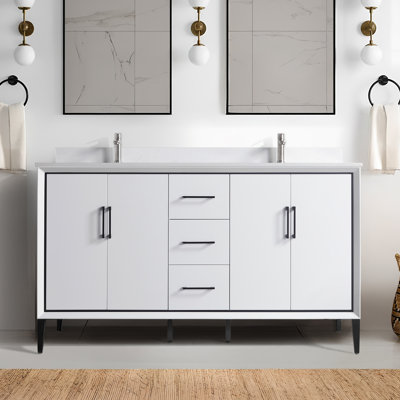 Hood-4w 60.00 In. W X 22.00 In. D X 35.00 In. H  Freestanding Bath Vanity In White Wood With White Double Top