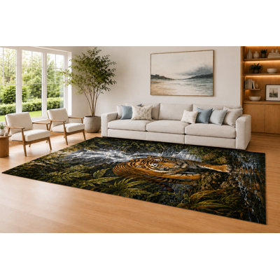 "Ultra Light Weight" Large 6'7" x 9'10"  Black and Brown Jungle Tiger Area Rug for Living Room, Soft Low Pile Carpet with Non-Slip Silicone Backing, Decor for Bedroom and Home Office
