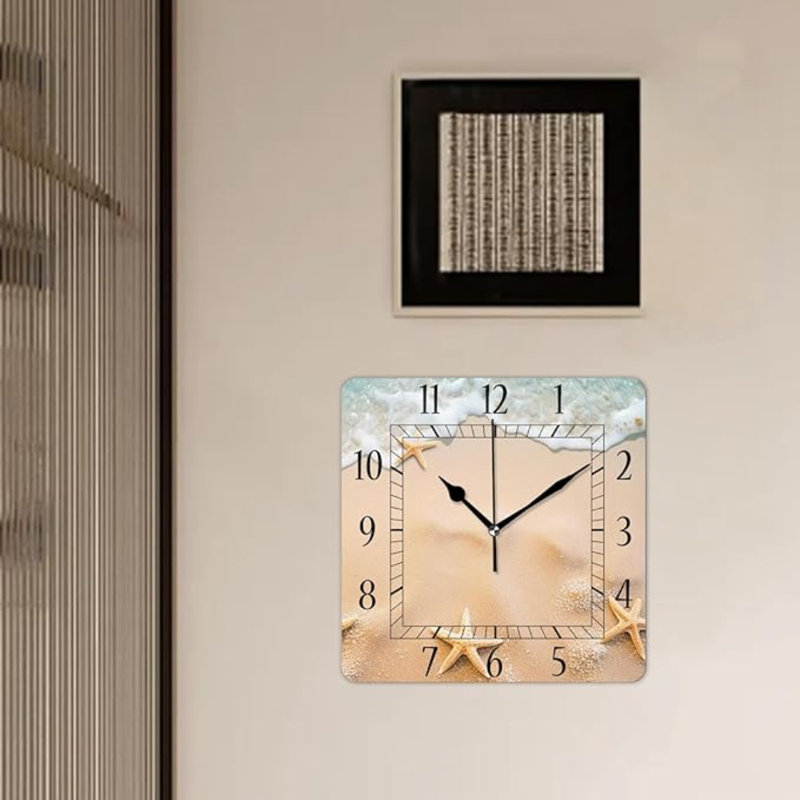 Horloge murale décorative Horloges carrées silencieuses de 10 pouces pour la cuisine du salon à la maison, motif créatif d'étoile de mer à la plage de sable