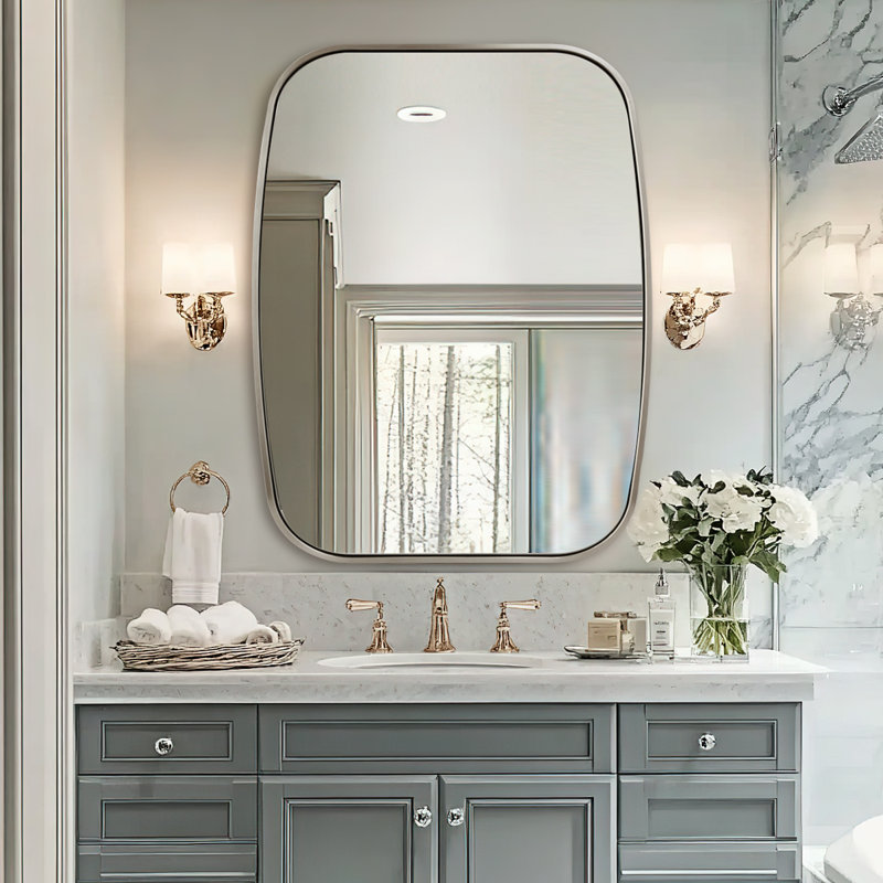 Miroir de salle de bain contemporain | Cadre épais en acier inoxydable, Nickel brossé, 36 po x 28 po