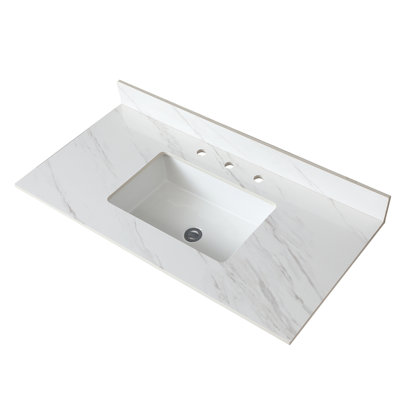 Plan de toilette en pierre frittée blanche de 43 pouces avec dosseret de 4 pouces et finition lisse, trous pour robinetterie intégrés