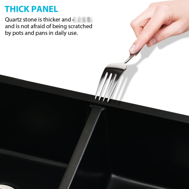 Évier de cuisine encastré à double cuve en quartz noir 32 po x 18 po avec crépine antirouille et antirouille pour un drainage liquide instantané L x l résistant à la chaleur, rapide et profilé
