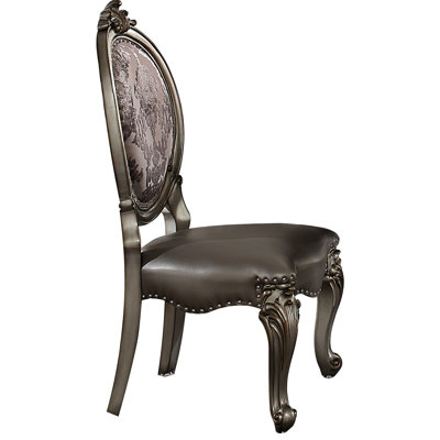 Silver And Antique Platinum Side Chairs (2) - Faux Leather Seat, Floral Fabric Inlay, Popular Nailhead Trimmed For Luxury Dining Setting & ( Of 2) Material, Element, Cool Refined Room