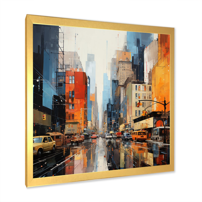 Mid-Century Mid-Century Metropolis II - art abstrait bleu Mid-Century, Encadrement doré, H 36 po x l 36 po x P 1,5 po