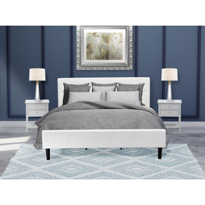 3 Piece Bed Set - Button Tufted Wooden Bed Frame - Linen white Velvet Fabric Upholstered Headboard and an Urban Gray Finish Nightstand