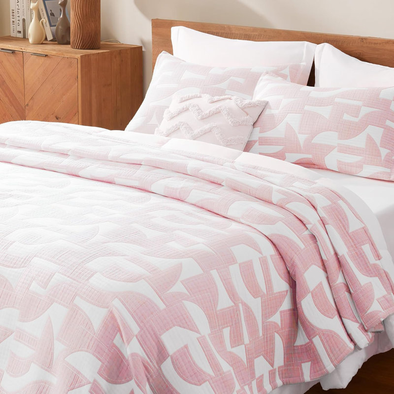 Ensemble de courtepointe en coton et jacquard Sleep Zone, Rose géométrique, Courtepointe très grand + 2 taies décoratives