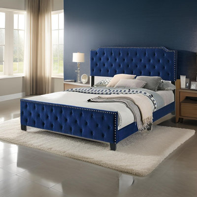 Agapi California King Bed, Button Tufted, Nailhead Trim, Navy Upholstery by Benjara