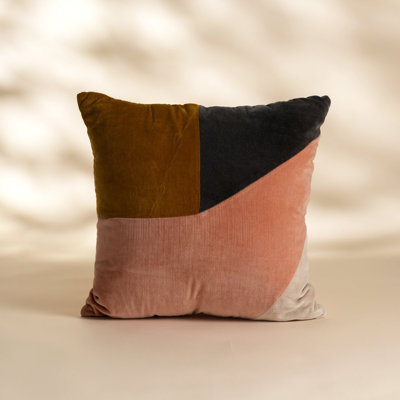 Coussin décoratif carré moderne multicolore en velours de coton à blocs de couleur avec garniture, 45,7 x 45,7 cm