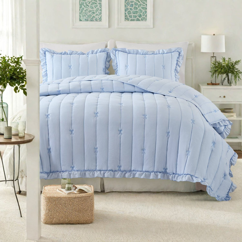 Soft Microfiber Bedding Sets, Full Queen Bow Quilt For Modern Home
