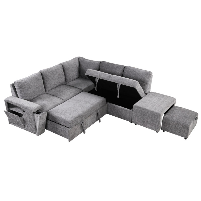L-Shaped Padded With Storage And Charging - Ideal For Living Rooms, Offices, Flats Functional Cup Holder & Gray Various Uses