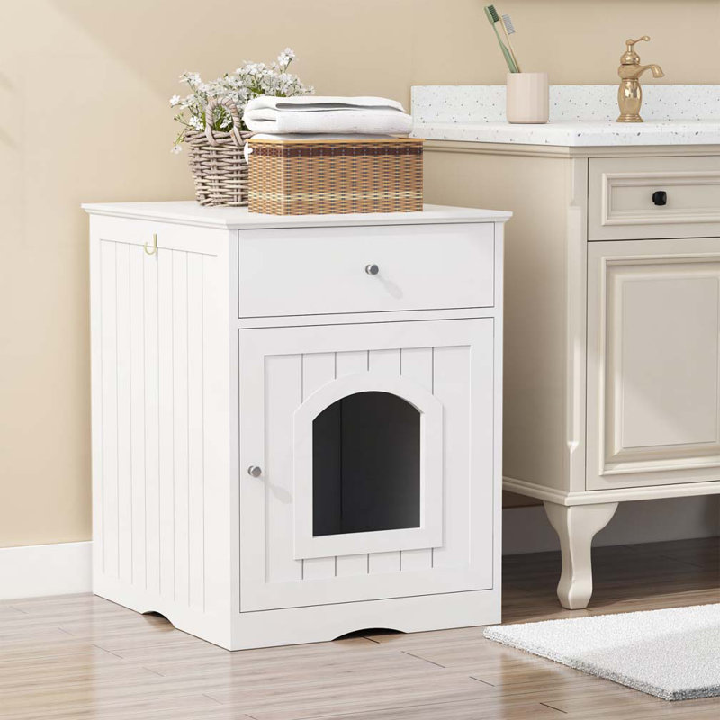 Enceinte en bois pour litière pour chat avec tiroir, table d'appoint, cage intérieure pour animal, table de chevet pour chat (blanc)