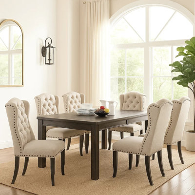 Bega 7Pc Counter-Height Table Set, 6 Tufted Nailhead Chairs, Black Wood
