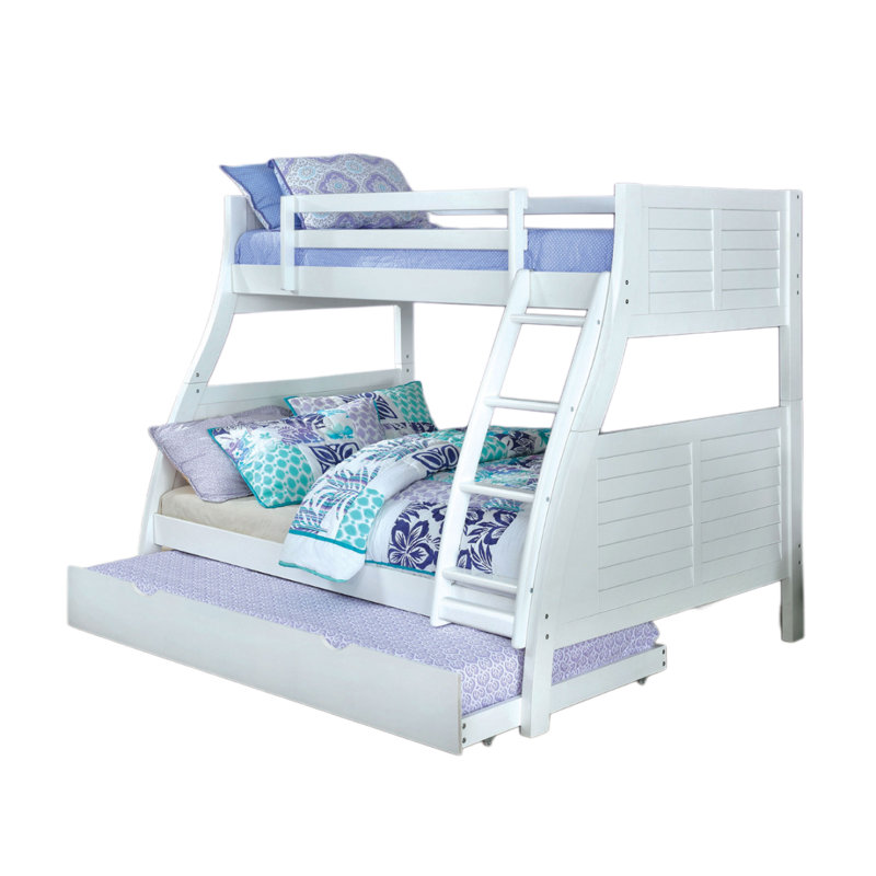 Lit superposé simple au-dessus d'un lit double transitionnel avec planche et tête de lit et échelle, lit gigogne blanc inclus